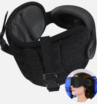 SARISUN Travel Pillows for Airplanes, Airplane Pillow for Long Flight, Airplane Head Strap with Eye Mask for Sleep, Travel Neck Pillow for Car Road Trip, 360° Support Headrest, Stop Bobblehead, Black